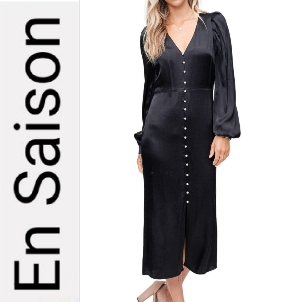 NEW! ANTHROPOLOGIE EN SAISON Black Satin Long Sleeve Midi Dress Small.